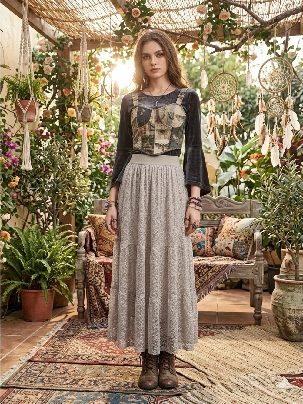 Boho Fairy Whimsigoth Cottagecore Tiered Beige Floral Lace Maxi Skirt